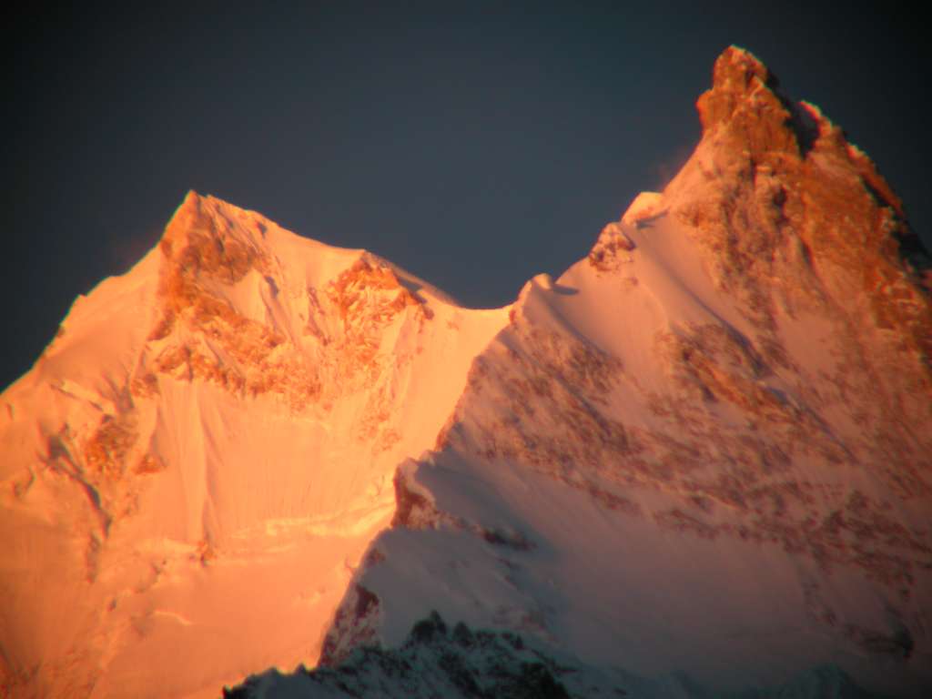 Manaslu 08 02 Manaslu Close Up Sunrise From Sama Heres a close up sunrise view of Manaslu and the East Pinnacle from Sama.